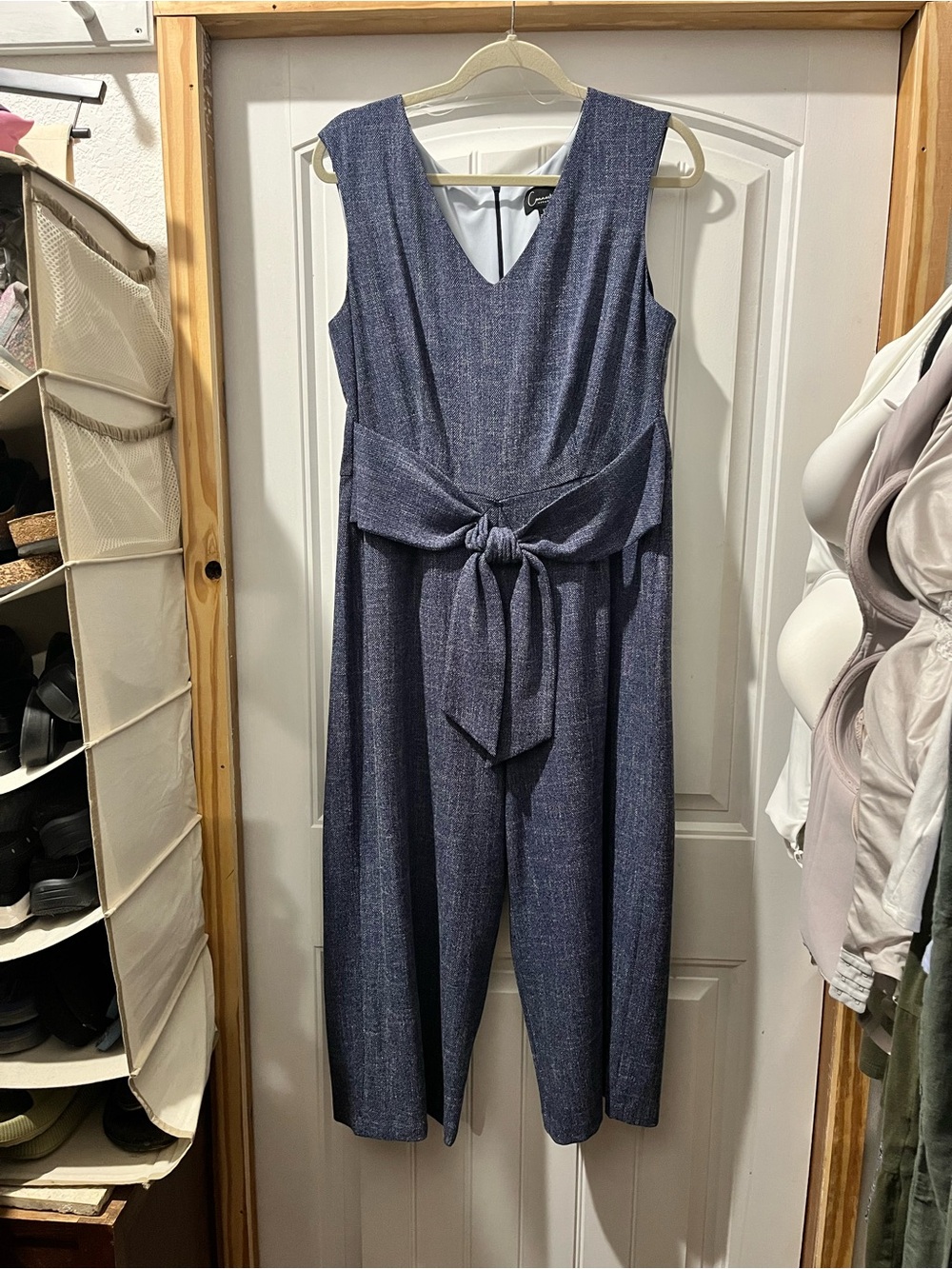 Covington Textured Sleeveless V-Neck Navy-Blue Tie-Waist Jumpsuit